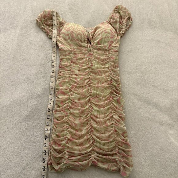 Madden NYC Bodycon Dress XS Ruched Pink Green Swirl Y2K Milkmaid Sheer Mesh Sexy - Picture 5 of 14